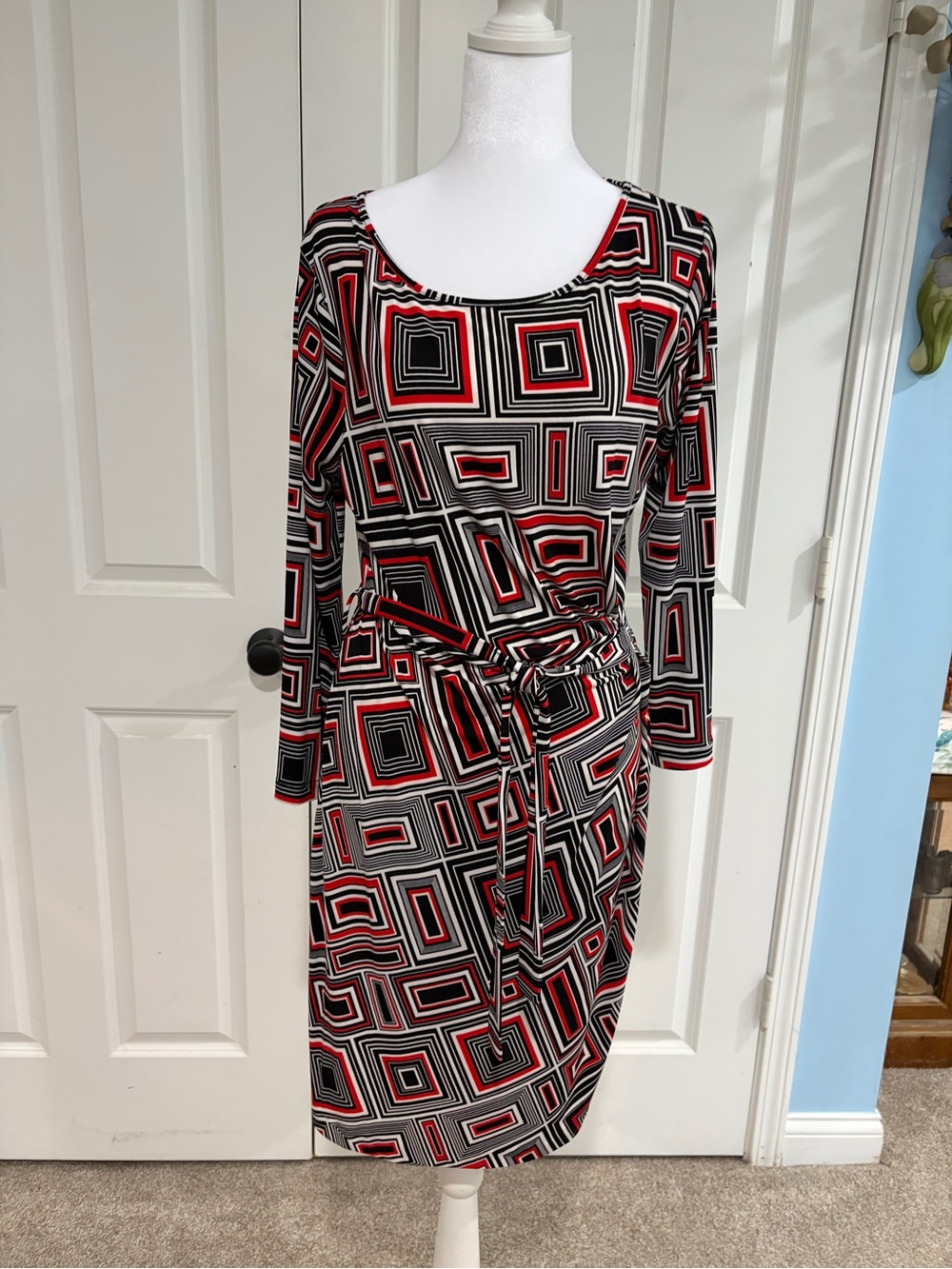 Anne Klein Red Black and White Geometric Midi Dress